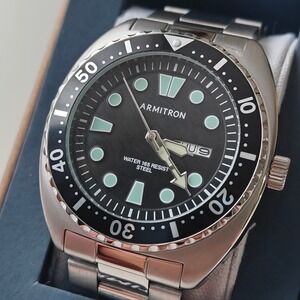 Armitron Mens Wrist Watch Stainless Steel Diver Style Black Dial Water Resistant